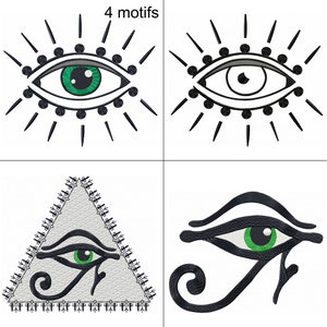 May include: Four different embroidery designs featuring the Eye of Horus, a symbol of protection and good health. The designs include a simple eye with rays, an eye with a triangle, and two variations of the Eye of Horus with green irises.