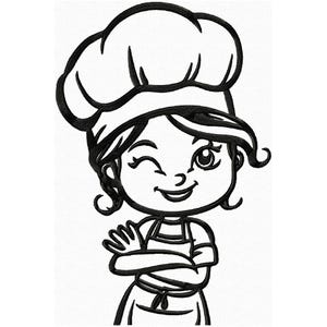 May include: Black and white cartoon illustration of a winking chef wearing a tall chef's hat and apron. The chef has crossed arms and a smiling expression, suggesting a friendly and welcoming demeanor. The design is suitable for kitchen-themed products.