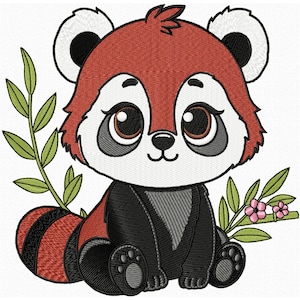 Adorable Red Panda Embroidery Design Animal Machine Embroidery, Floral Embroidery