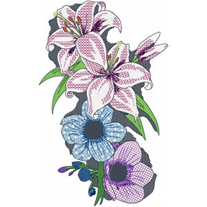 May include: An embroidery design featuring pink lilies and blue and purple anemones. The flowers are arranged in a bouquet-like shape and are set against a dark background.
