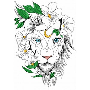 Lion with Flowers Embroidery Design Animal Machine Embroidery Floral Embroidery