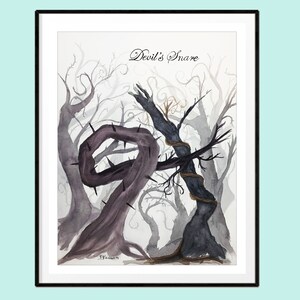 May include: A watercolour painting of a dark forest with a twisted, thorny vine wrapped around a tree trunk. The painting is titled "Devil's Snare".