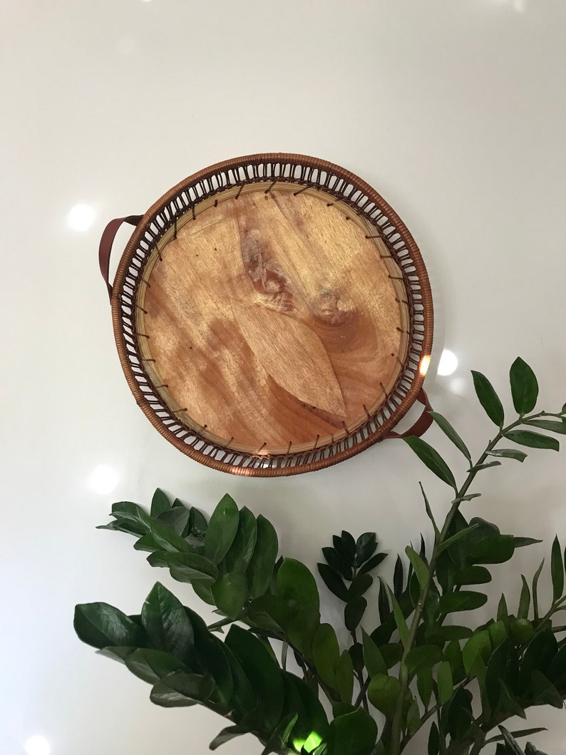 Vintage Round Serving Tray Wooden With Handles Wall Hanging