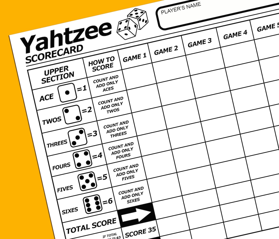 Yahtzee Score Card Yahtzee Printable Score Card Yahtzee Etsy