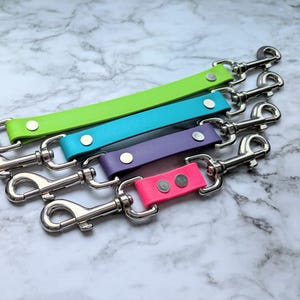 May include: Five dog leash connectors in a row, each with a different coloured leather strap. The straps are green, turquoise, purple, and pink, attached to silver metal clasps. The connectors are arranged diagonally, highlighting the bright colours and design.