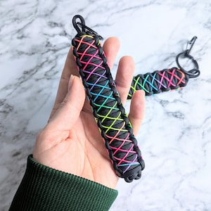 Neon Rainbow Paracord Key Chain - King Cobra Weave with Rainbow Micro Cord