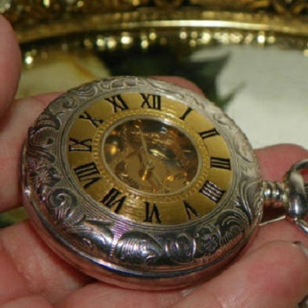 Rare Dolan Bullock Colibri Vintage Pocket Watch 17 Skeleton Sterling Silver & Gold Tone Swiss Movement Jewelry