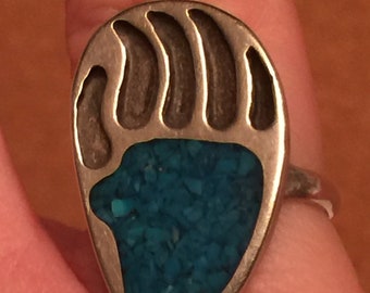 Navajo-Made Bear Claw Ring Turquoise and Sterling Silver