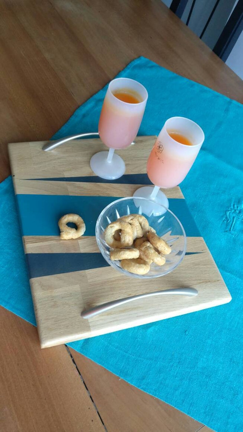 Oak handle 2 teal and gray brunch meal tray serving Board
