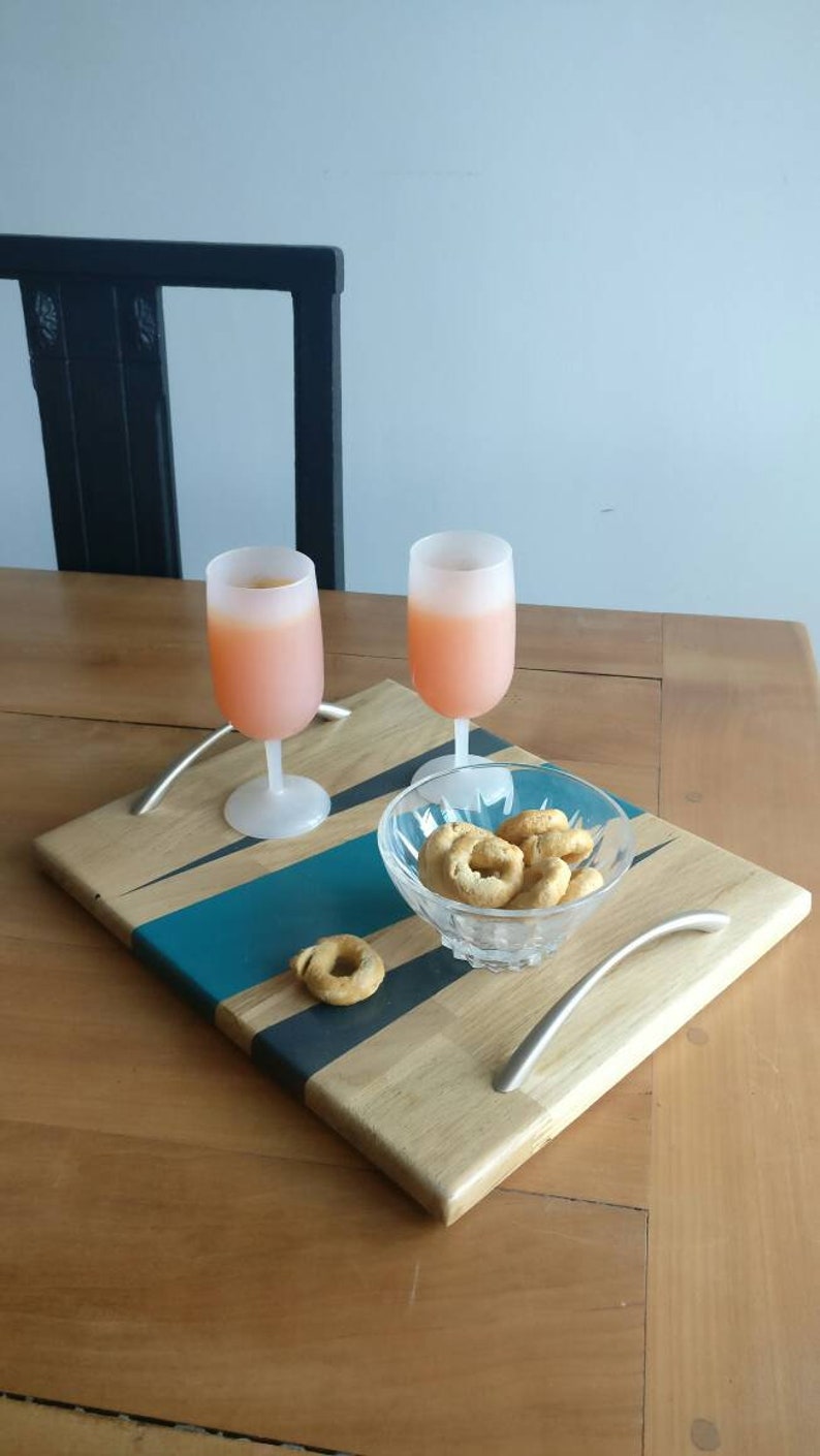 Oak handle 2 teal and gray brunch meal tray serving Board
