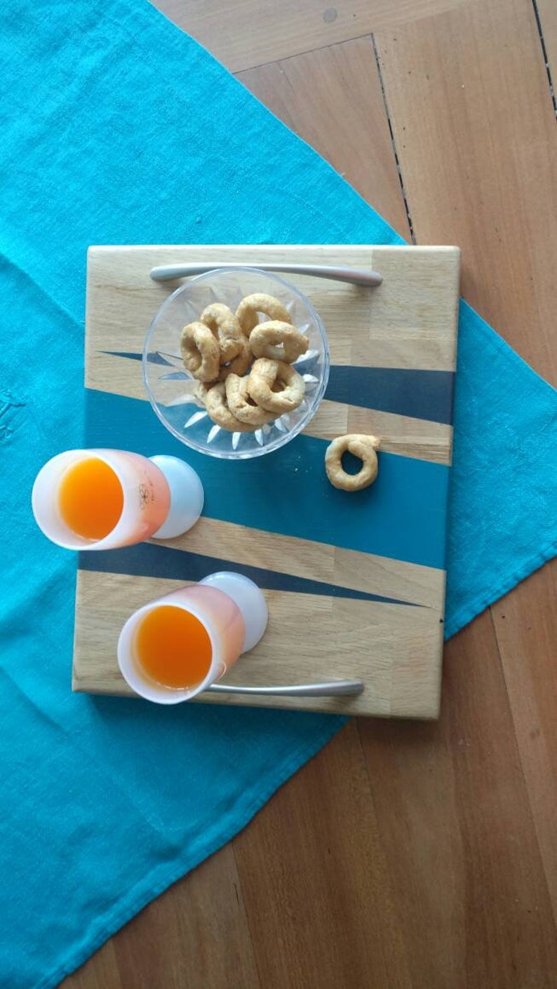 Oak handle 2 teal and gray brunch meal tray serving Board