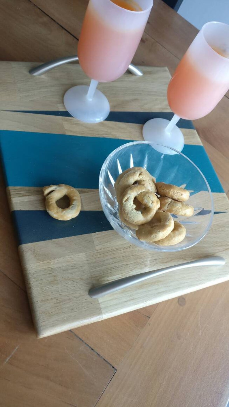 Oak handle 2 teal and gray brunch meal tray serving Board
