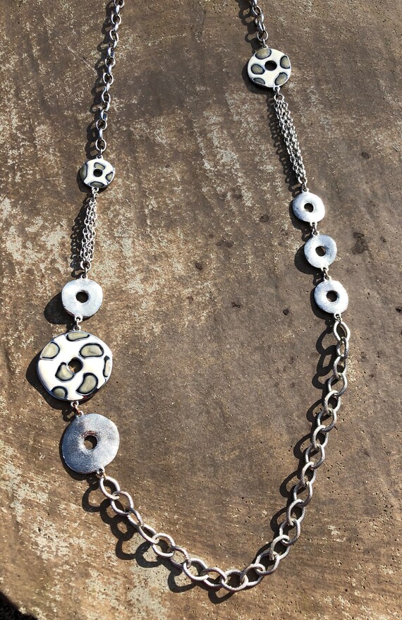 1990's Chico's Silver and Animal Print Necklace