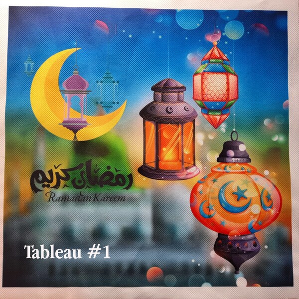 Stoffbahn 45 x 45 cm bedruckt Special Ramadan. Sammlung 6 Ramadan Kareem ohne Charaktere mit Fanous und Kanon. Für Kissen oder Malerei