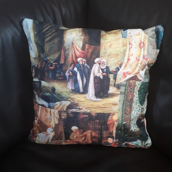 Coussin d'ambiance à motif oriental, tableau de vie arabe, cadeau original. Personnalisation avec d'autres tableaux orientaux ou égyptiens