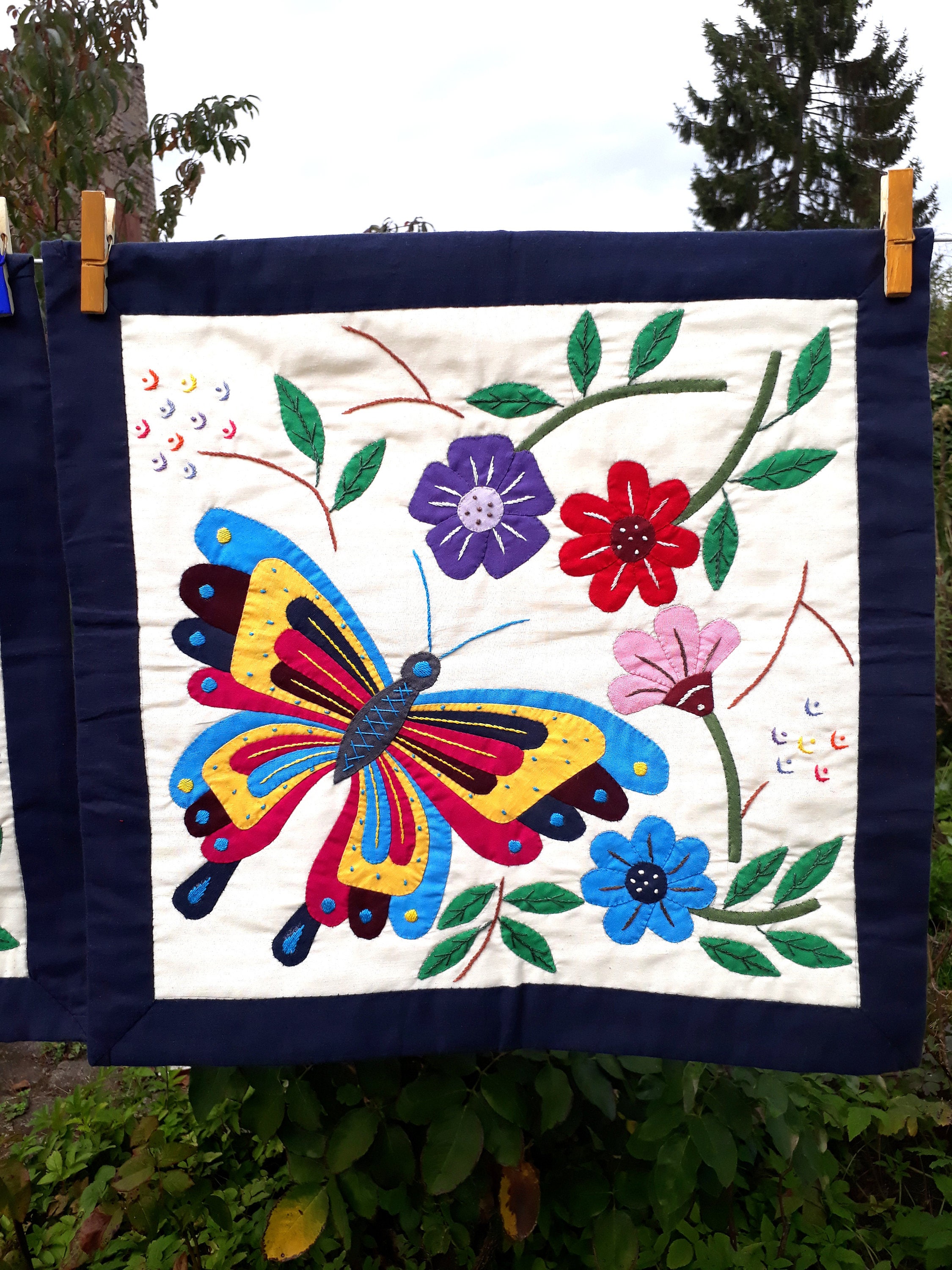 Petite Tenture Murale - Khayameya Patchwork Appliqué Quilting Artisanat Égyptien Papillon