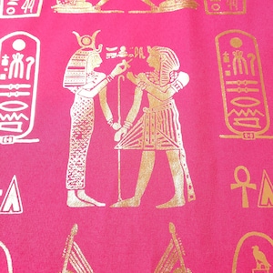 Fuchsia Egyptian fabric with golden printings of pharaohs and hieroglyphs. Perfect for clothing or decoration. Sold by 50 cm - 20 inches