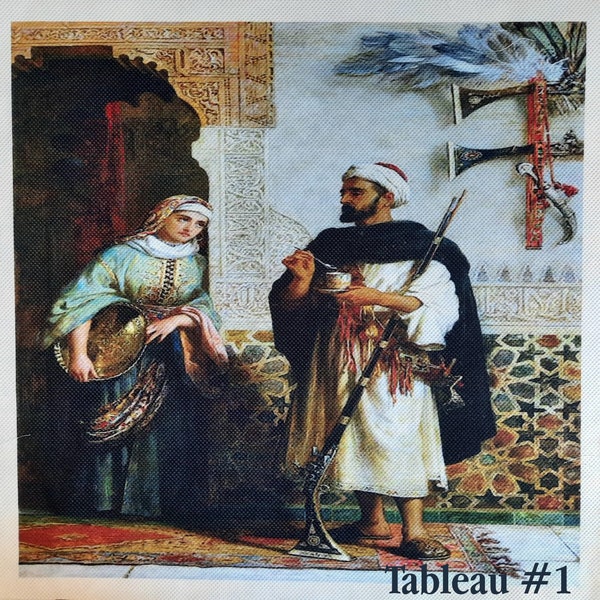 Orientalistische Gemälde, gedruckt auf Stoffplatte 45 x 45 cm. Mehrere Tische zur Herstellung von Kissenbezügen. Entspannungsreihe