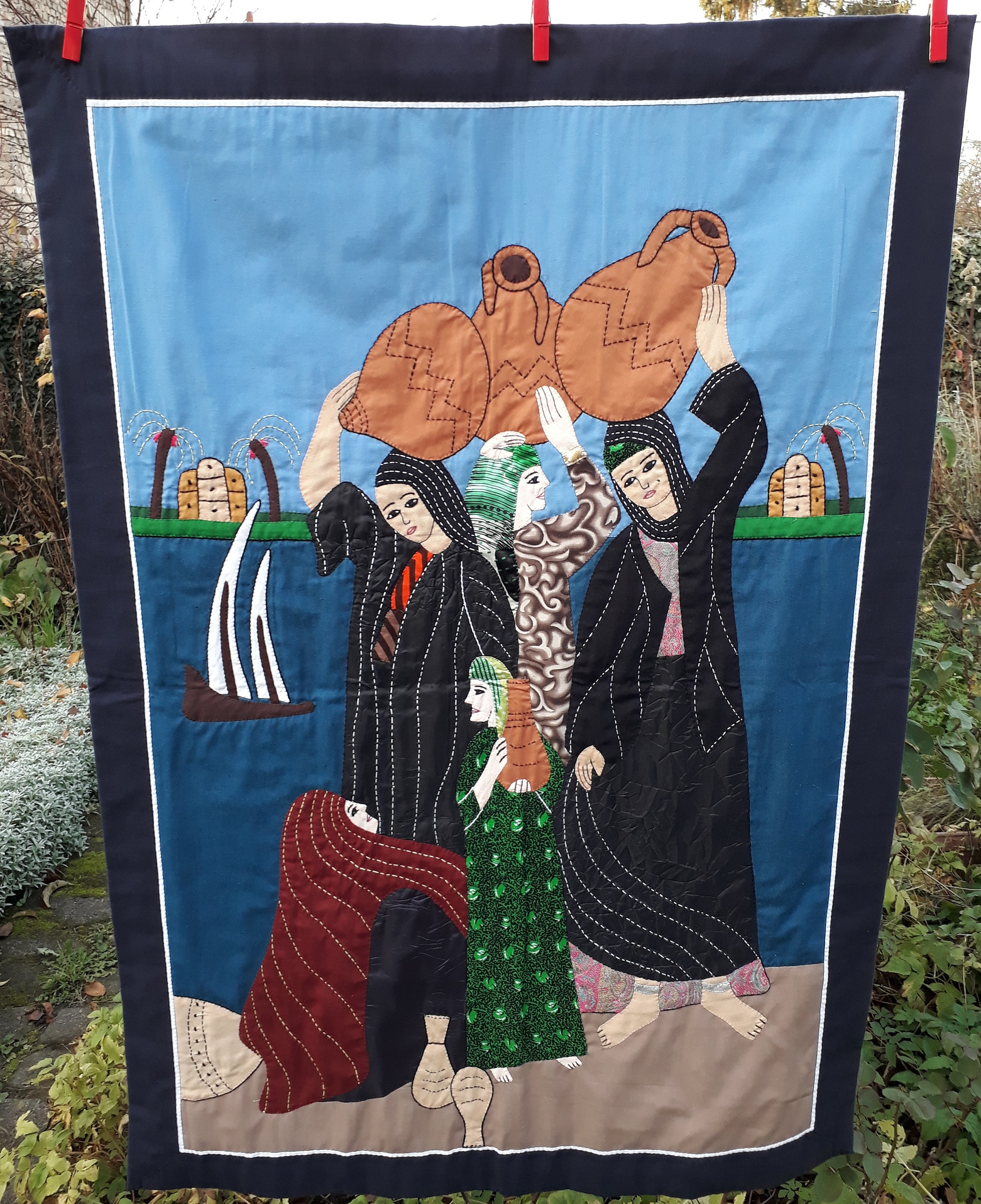 Tableau en Tissu de Femmes Au Bord Du Nil. Tenture Murale Cousue Par Les Fabricants Tente Caire, Piè