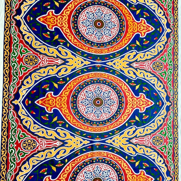 Vibrant Egyptian Fabric with Large Central Mandala Design, Ideal for Clothing, Upholstery, and Decor. Sold by 1 Unit =1 Mandala =61 cm = 2Ft