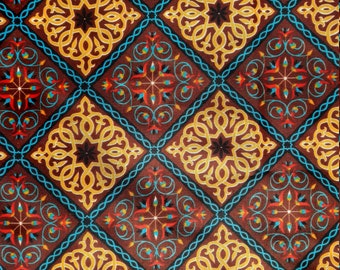 Boho polyester fabric with ethnic patterns. Ideal for unique clothing or exotic décor. Colorful ambiance, vintage style. By the yard / meter