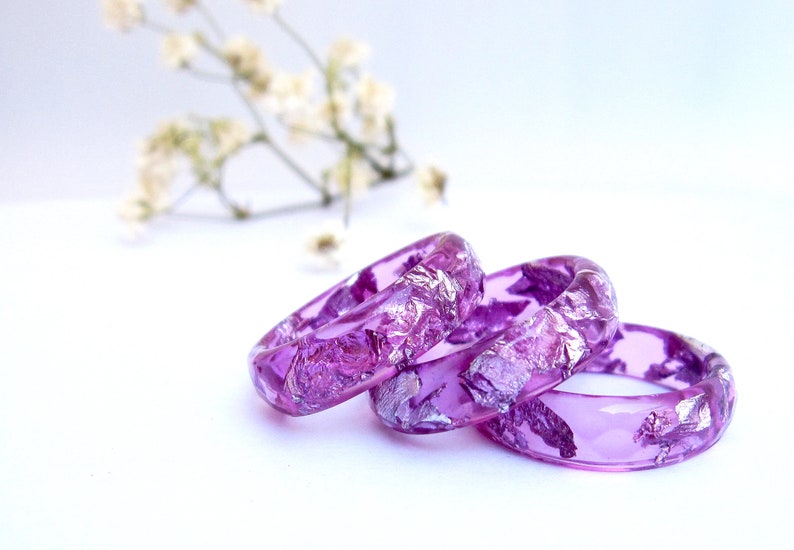 Eco Resin Jewelry Gifts for Women Silver Flakes Stacking Resin Ring Violet Ring Violet Faceted Ring Minimal Resin Ring