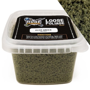 Huge Miniatures Loose Foliage, Olive Green Tree Flock for Terrain Model Kits and Hobby Train Scenery by Huge Minis – 16oz Resealable Tub