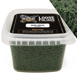 Huge Miniatures Loose Foliage, Dark Green Tree Flock for Terrain Model Kits and Hobby Train Scenery by Huge Minis – 16oz Resealable Tub