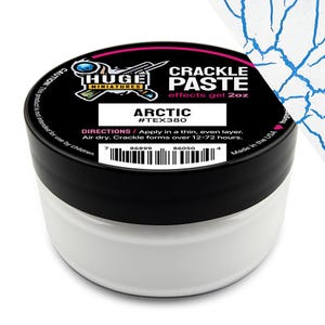 May include: A round container of Huge Miniatures Arctic crackle paste effects gel, 2oz. The black lid features white text, a logo, and a barcode. The label reads: CRACKLE PASTE, ARCTIC, #TEX380, DIRECTIONS: Apply in a thin, even layer. Air dry.