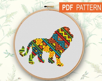 Geometric Lion Cross Stitch Pattern: Modern Animal Embroidery (PDF Pattern)