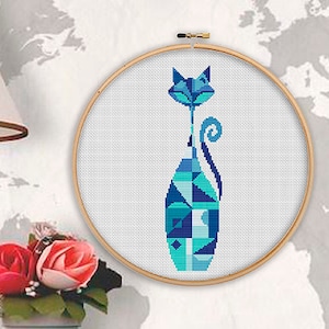 Geometrisch kruissteekpatroon moderne driehoek mozaïek dier geteld grafiek schattig kat silhouet borduurwerk moderne huisdecoratie DIY patroon PDF