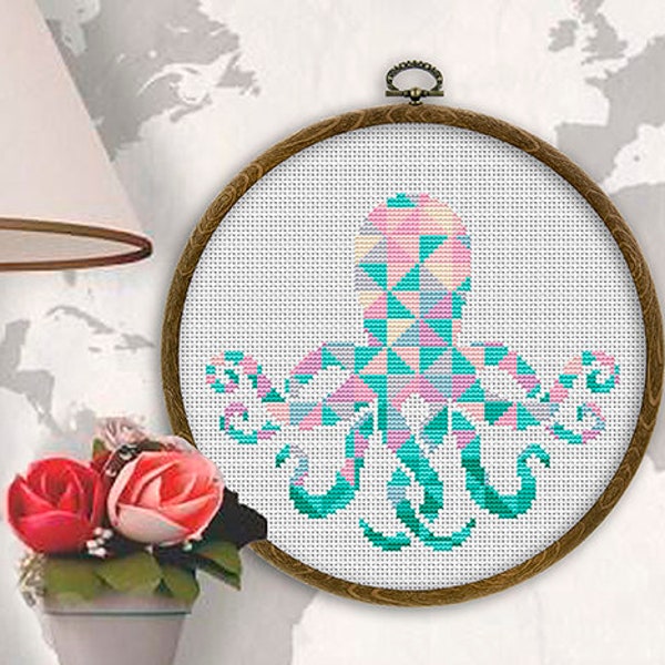 Octopus cross stitch pattern Modern Mosaic style cross stitch Geometric embroidery Sea Animal cross stitch Octopus Counted cross stitch PDF