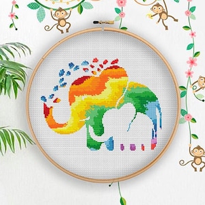 Cross Stitch Pattern Baby Elephant, Rainbow Color Elephant Pattern PDF, Elephant Family Silhouette, Animals Cross Stitch, Baby Shower Gift