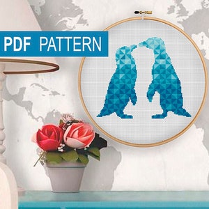 Arctische dieren Cross Stitch Chart, geometrische pinguïns silhouet Cross Stitch patroon PDF, moderne driehoek mozaïek patroon, INSTANT DOWNLOAD