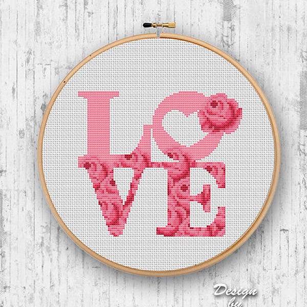 LOVE Cross Stitch Modern Pattern Floral Love Counted Cross Stitch Flower Watercolor Rose Cross Stitch Pattern PDF Weddings Gift Love DIY