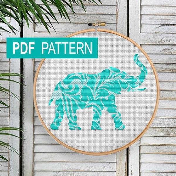 Sweet Elephant Cross Stitch Printable Pattern, Elephant Floral Counted Cross Stitch, Safari Animals, Elephant Silhouette, Instant Download