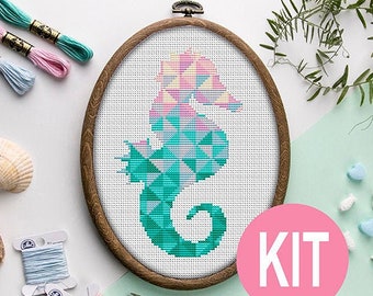 SEA ANIMAL Cross Stitch Kit, Cross Stitch Kit Beginner, Modern Cross Stitch Kit Seahorse, Cross Stitch Embroidery Kits, DIY Kits for Adults