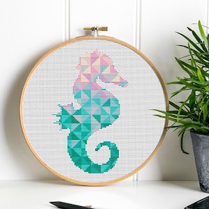 SEAHORSE Geometrische Getelde Kruissteek Silhouet Zeeleven Dierlijke Oceaan Moderne Kinderen Kind Babykamer Decor Instant Download PDF