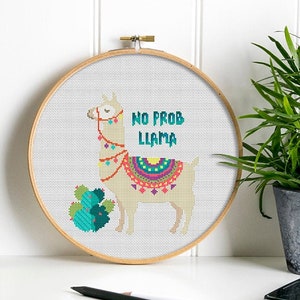 No Prob-Llama Cross Stitch Pattern, Easy Cross Stitch Modern, Quote Cross Stitch Animal Pattern PDF, Llama Embroidery Design Download PDF
