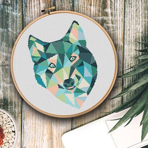 Wolf Cross Stitch patroon, geometrische dieren Cross Stitch Chart, Wolf borduurwerk moderne kunst, bosdier, PDF-formaat, Instant Download