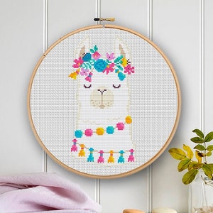 Llama cross stitch pattern modern, Alpaca cross stitch design Boho animal, Funny embroidery pattern PDF, Llama Pom Pom Embroidery hoop art