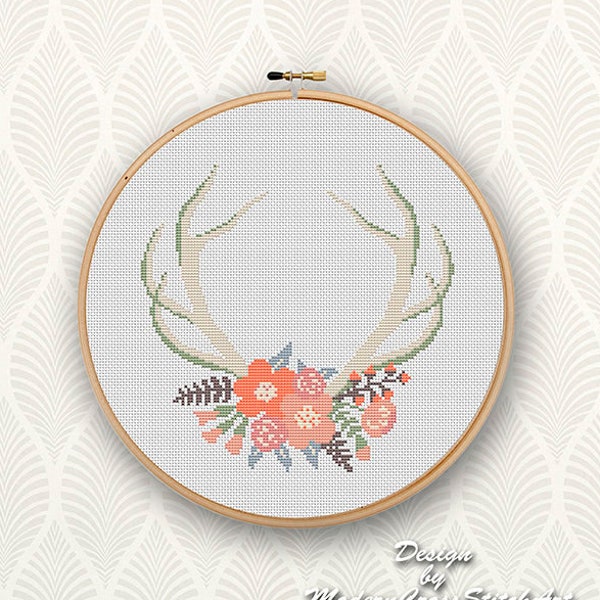 Deer Cross Stitch Pattern cross stitch Floral Antler theme Deer Antlers Flower cross stitch Stag Antlers cross stitch pattern PDF