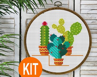 Stitch Cross KIT Embroidery Pattern Cactus Plants, Craft Kit - Cactus Set Cross stitch - Cross Stitch For Beginners - DIY Embroidery Kit