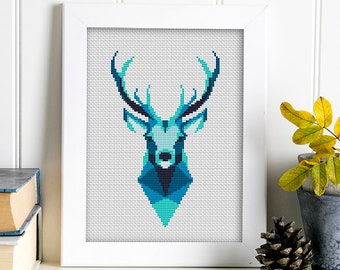 Geometric Wild Deer Cross Stitch Pattern Deer Mountain Forest Woodland Animals Modern Cross Stitch Deer Silhouette Easy Cross Stitch