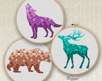 Animals Cross Stitch Set of 3 Patterns PDF Geometric Deer, Wolf, Bear Forest Silhouette Counted Cross Stitch Patterns Easy Embroidery Design