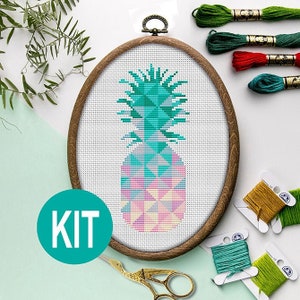 Cross Stitch KIT - Tropical Fruits Geometric - Pineapple Cross stitch - Cross Stitch For Beginners - DIY Embroidery Kit