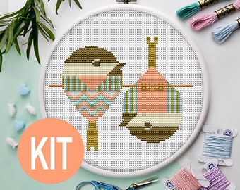 Counted Cross Stitch Kit Bird Red mail box DIY Modern Cross Stitch Kit Hand Embroidery Kit Unprinted canvas