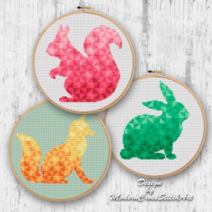 Kruissteek patroon BOS DIEREN moderne geometrische getelde kruissteek Vos baby silhouet konijn leuke eekhoorn set van 3 patronen Pdf