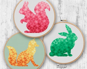 Forest Animals Cross Stitch Pattern: Geometric Fox, Rabbit, Squirrel (Set of 3) (PDF Pattern)