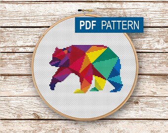 Modèle de point de croix Ours géométrique moderne, silhouette d'ours, motif PDF, décoration intérieure à faire soi-même, animaux de la forêt